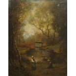 British School, mid 19th Century- Landscape with a bridge and two figures; oil on canvasboard, 33