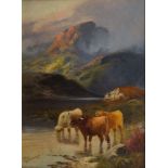 G Wainwright, British, late 19th/early 20th century- Highland cattle watering a a loch; oil on