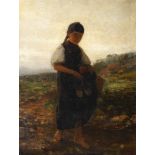 August Heinrich Ewers, German 1817-1885- A young woman returning home from the fields at dusk; oil