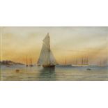 George Gregory, British 1849-1938- Yachts in a tranquil harbour and a frigate at sea off the