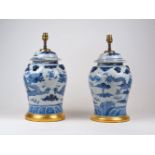 A pair of Chinese blue and white vase lamps and covers, 20th century, the bodies decorated with