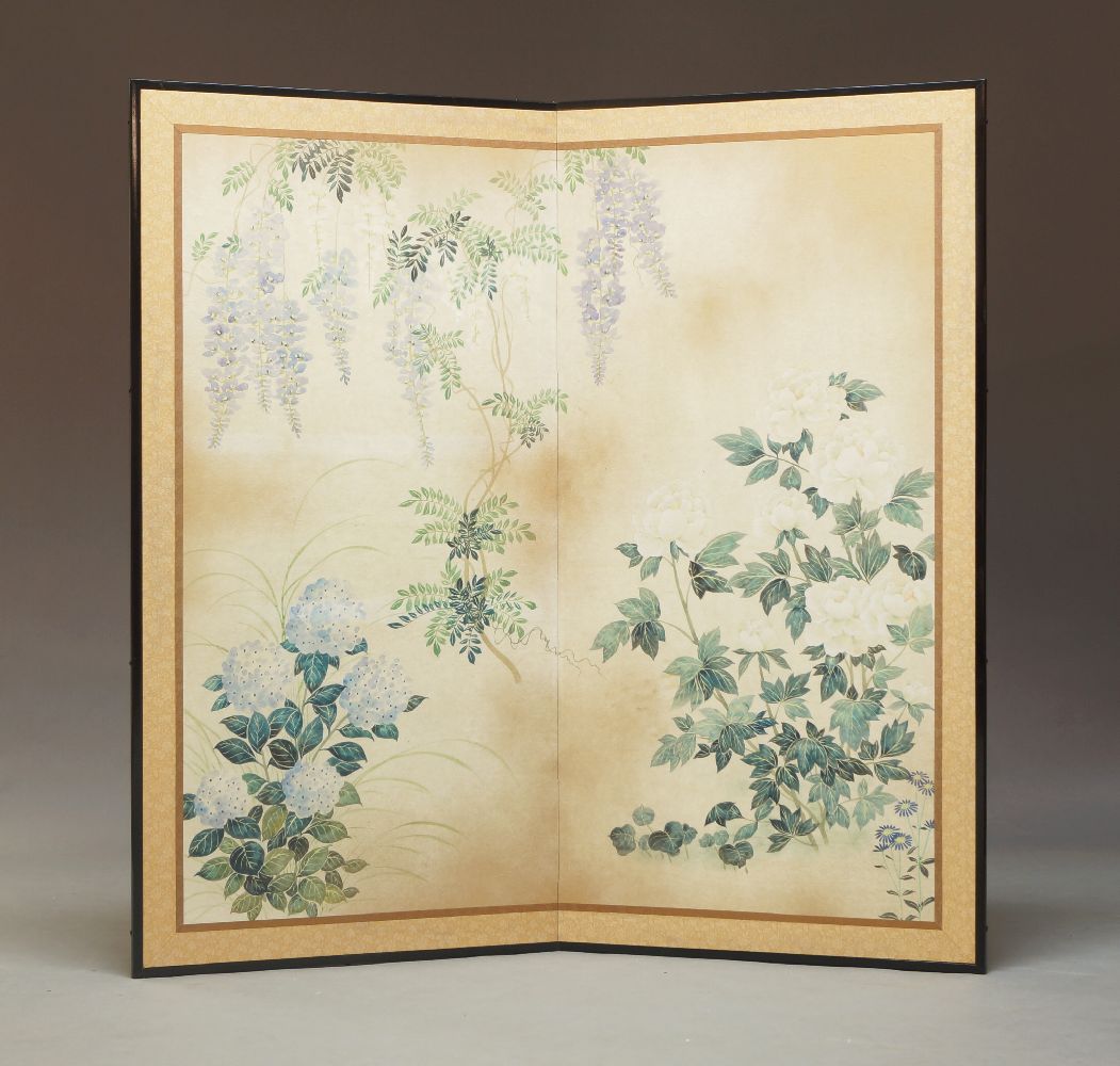 A Japanese painted two-panel bi-fold floral screen, lacquered frame with printed fabric border and a