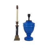 A brass and marble column table lamp, 59cm high, together with a modern blue glass lamp base in