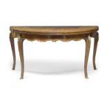 A French Louis XV style marquetry and gilt metal mounted fold-over demi-lune table, of recent