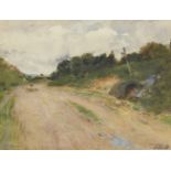 T. Hill, British school, early 20th century- View of a country road; watercolour, signed lower