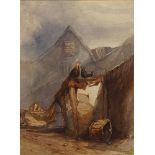 British School, late 19th century- Chickens on a woodshed; watercolour, bears inscription on