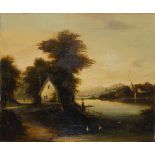 British School, 19th century- Cottage by a river; oil on canvas stuck down on board, 50.5 x 61 cm (