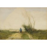 William Tatton Winter RBA, British 1855-1928- Shepherd on a windy track; watercolour, signed lower