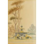 French School, late 19th/early 20th century- Ornamental fountain in a parkland setting; watercolour,