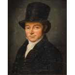 British School, 19th century- Portrait of a man with a top hat; oil on canvas, bears label to the