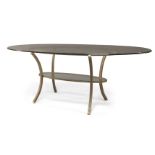 Pierre Vandel; A French contemporary designed metal oval dining table and set of six chairs, all