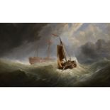 Barlow Moore, British 1834-1897- Fishing boat passing the Elbe Lightship in a storm; oil on