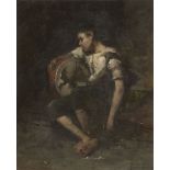 Jan de Jong, Dutch 1864-1901- Portrait of a young street musician holding a drum; oil on canvas,