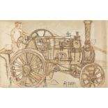 Fred Yates, British 1922-2008 - Man with tractor; ink and pastel on two pieces of joined card, 40.