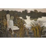 John O'Connor, British 1913- 2014- Girls by a lake; oil on board, signed lower right 'John O'