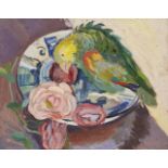 Denis Mathews, British 1913-1997 - Study of a green parrot perched amongst flowers on a dish (