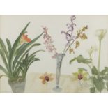 Dame Elizabeth Blackadder DBE RA RSA RSW, Scottish 1931–2021 - Clivia, Orchids and Arun Lily,