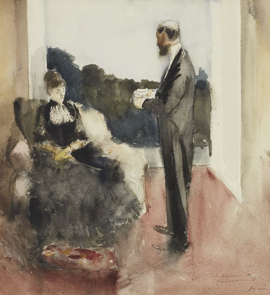 Jean-Louis Forain, French 1852-1931- 'Après diner', circa 1885; watercolour, signed and inscribed 'a