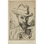 Augustus John OM RA, British 1878-1961- 'Self Portrait in Hat Sketching'; etching, signed ‘John’