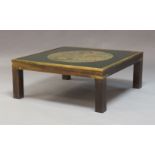 A stained wood and brass mounted coffee table, c.1970, the square top inset with glass and decorated