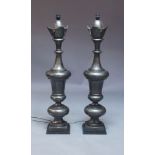 A pair of large grey painted metal lamps, late 20th century, of baluster form terminating with a