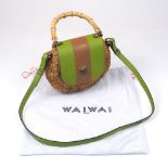 Waiwai Rio: a Marina wicker and green and brown leather cross-body bag, bamboo handle, canvas