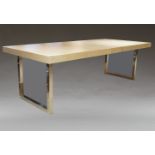 A large contemporary parchment dining table, the rectangular parchment covered top with protective