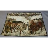 Piotr Grabowski, a woollen tapestry depicting bison grazing in a field, late 20th century, signed '