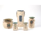 A group of contemporary studio ceramics, hand built earthenware with sgraffito and intaglio work,
