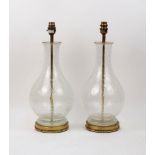 A pair of modern crackleture glass table lamps, with gilt bases, 36cm high excluding fitment (2)