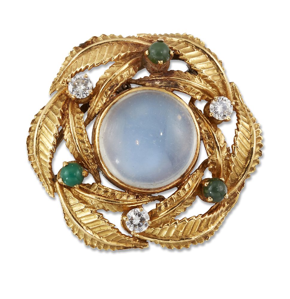 A moonstone, diamond and turquoise wreath brooch, centring on a circular cabochon moonstone,
