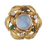 A moonstone, diamond and turquoise wreath brooch, centring on a circular cabochon moonstone,