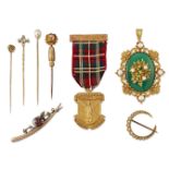 A group of jewellery, comprising: four gold, gem-set stickpins, c. 1900, two gem-set, bar