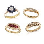 A group of four diamond and gem rings, comprising: an Edwardian 18ct gold ruby and and old-