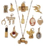 A collection of fourteen various charms and oddments, and a chain, charms included a coronation