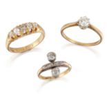 A group of three diamond rings, comprising: a diamond single stone ring, ring size Q; a late