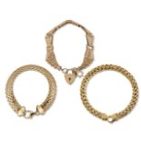 An Edwardian gold bracelet and two bracelets, the first of fancy gate-link design with 9ct gold