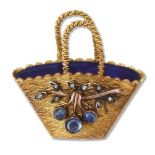 A gold, sapphire, rose diamond and enamel basket brooch, the textured basket with applied cabochon