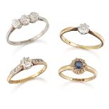 A group of four diamond and gem rings, comprising: diamond three stone ring, composed of three old-
