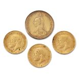A Victoria gold full sovereign, 1892, together with three gold half sovereigns, the sovereign in