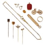 A group of jewellery and coins, including: a gold bicycle brooch (pin deficient); a 9ct gold pencil,