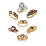 A group of seven various gold and gem rings, comprising: an 18ct gold, ruby five stone ring (one