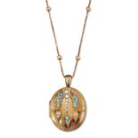 A late Victorian gold, turquoise and pearl locket to a later neckchain, the oval hinged locket