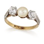 A diamond and pearl three stone ring, the central pearl flanked by two old-brilliant-cut diamonds,