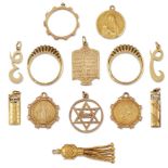 A collection of jewellery: comprising; ten religious pendants, two rings, ring size M and one tassel