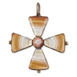 An early 19th century gold mounted banded agate cross pendant, with light brown and white banded