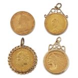 A group of three pendant mounted gold coins and a Victorian Sovereign, comprising: a detachable