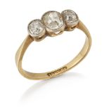 A diamond three stone ring, millegrain set with three graduated cushion-shaped diamonds, ring size L