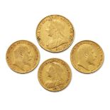 A gold sovereign and three gold half-sovereigns, including a Victoria Sovereign, 1900, Sydney