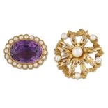 A cultured pearl brooch and an amethyst brooch, one of floral design accented with cultured